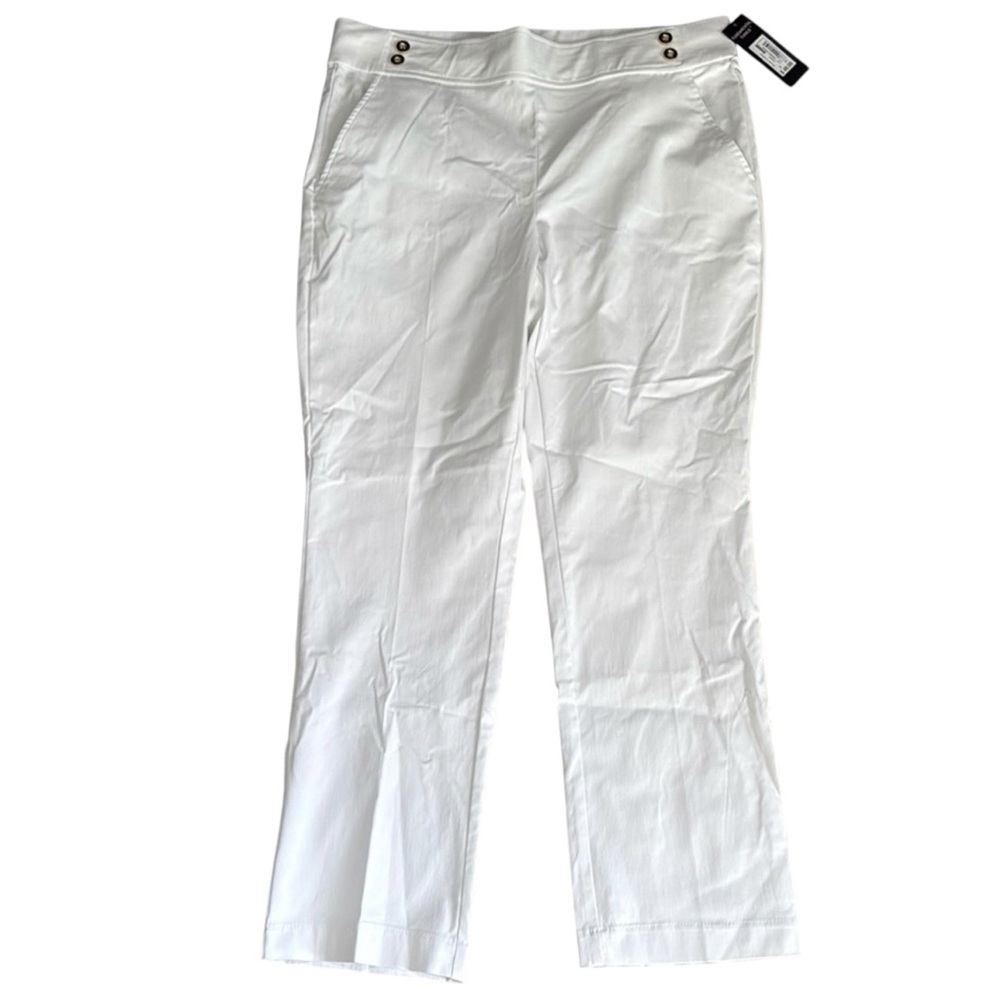 White Stretchy Straight Leg Trousers with Button Detail